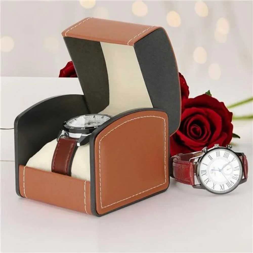 Single Watch Box PU Leather Case with Pillow Jewelry Display Storage Brown
